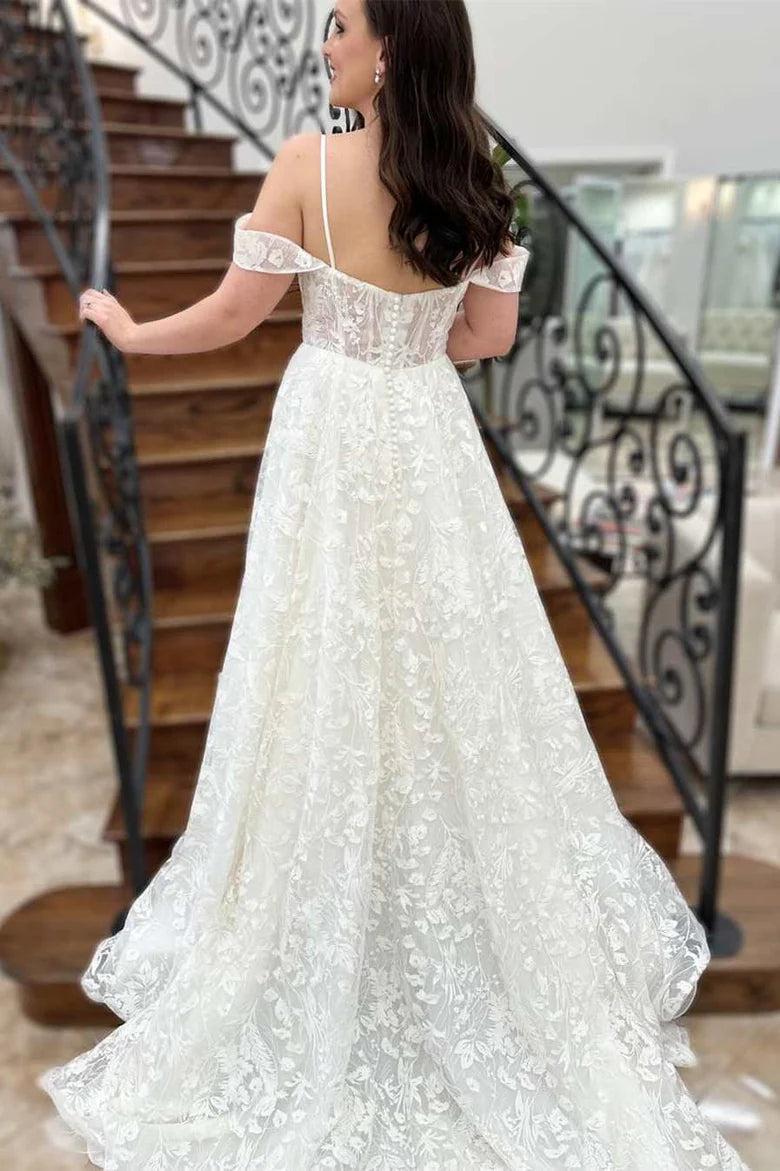 Floral Lace Cold-Shoulder A-Line Bridal Gown