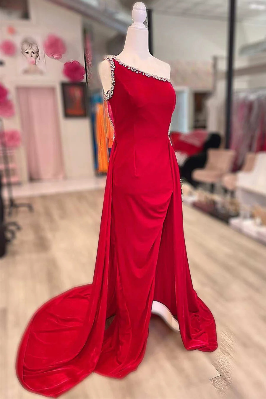 Velvet One-Shoulder Beaded Long Formal Dress