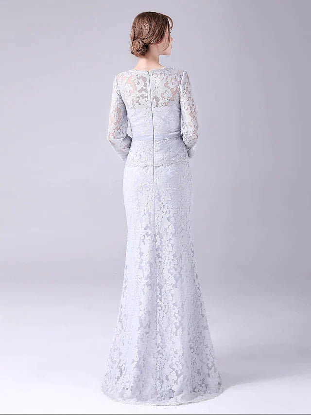 Mother of the Bride Dress Elegant Sweet Jewel Neck Floor Length Lace Long Sleeve with Sash Ribbon Bow(s)