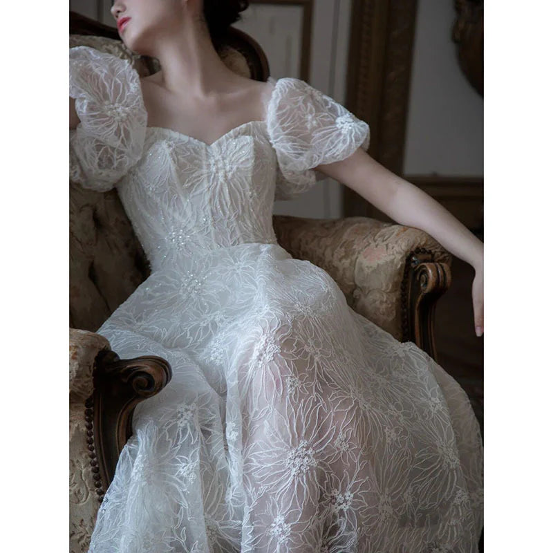 A Line White Tulle Prom Dress Short Sleeves Wedding Dress