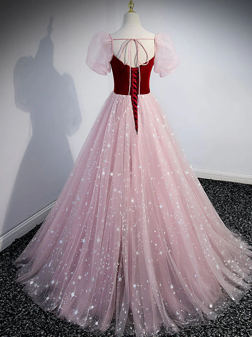 A line Tulle Long Prom Dress Pink Tulle Evening Graduation Dresses