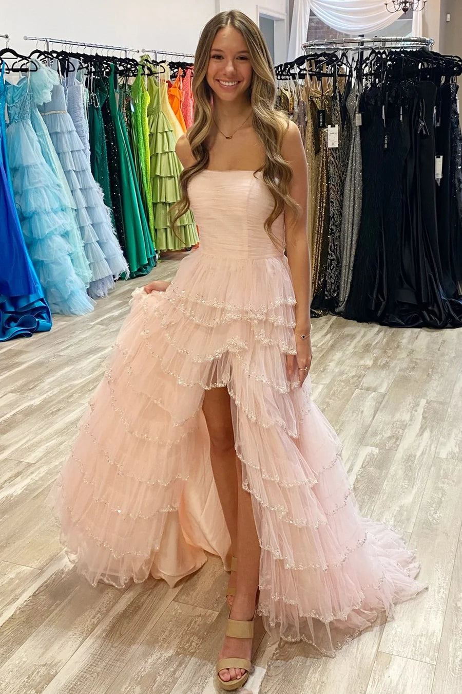 Tulle Strapless Ruffle Beaded Long Prom Dress with Slit
