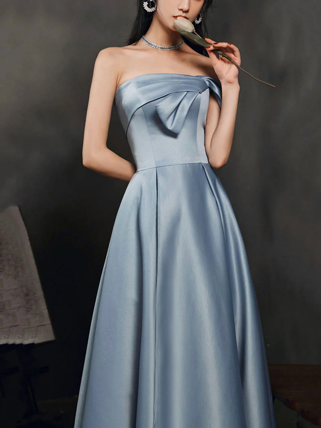 A Line Satin Gray Blue Long Prom Dress Gray Blue Long Bridesmaid Dress