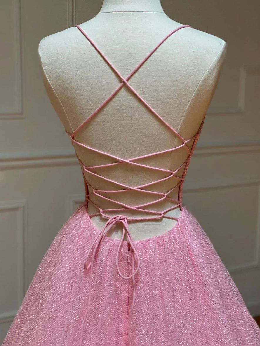 V Neck Long Prom Dress Pink A-line Sequin Tulle Evening Dress