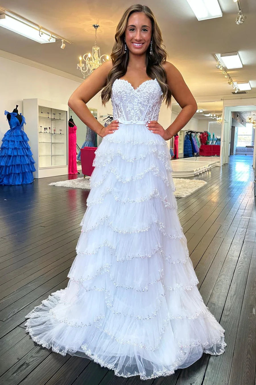 Lace Beaded Ruffle Tiered Long Prom Dress with Slit