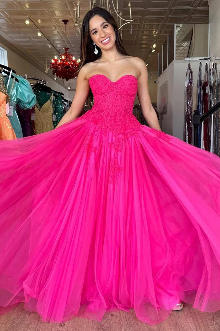 Tulle Lace Strapless A-Line Long Prom Dress
