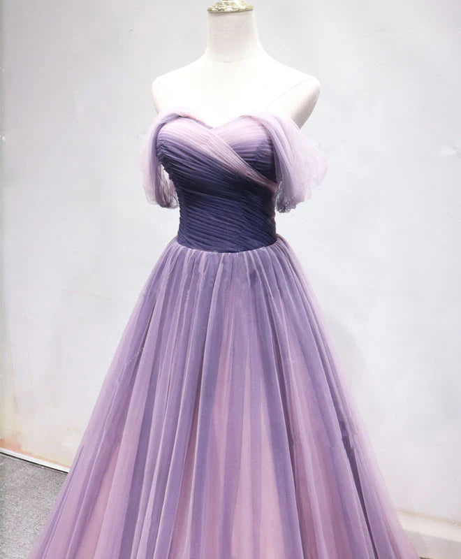 Sweetheart Tulle Purple Long Prom Dress Bridesmaid Dress