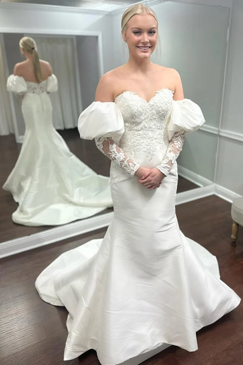 Appliques Strapless Trumpet Wedding Dress with Juliet Sleeves