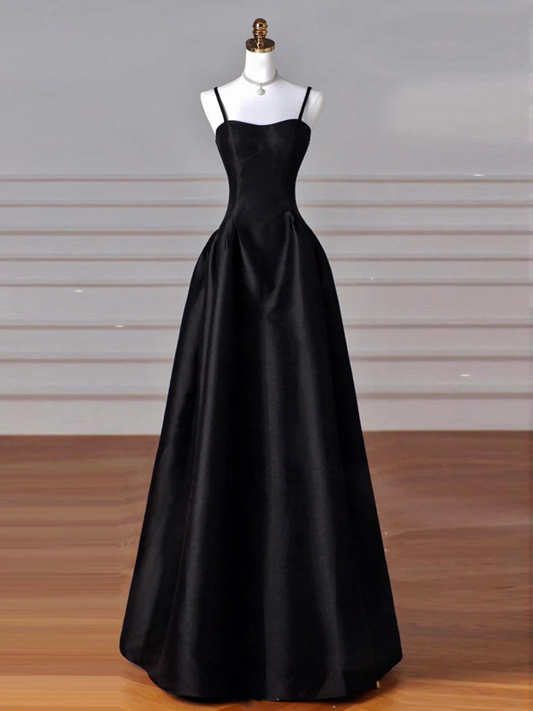 A-Line Satin Black Long Prom Dress, Black Long Evening Dress