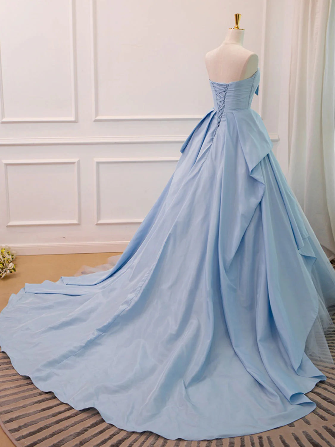 A-Line Sweetheart Neck Satin Tulle Blue Long Prom Dress