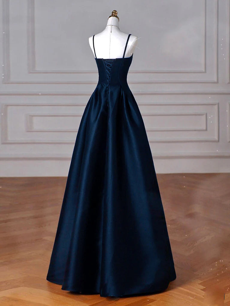 A-Line Dark Blue Satin Long Prom Dress Dark Blue Long Formal Dress