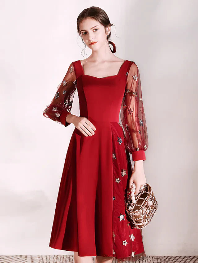 DingjiA-Line Glittering Princess Homecoming Cocktail Party Dress Scoop Neck Long Sleeve Tea Length Stretch Fabric with Sequin Embroidery Splicing