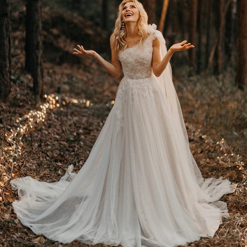 A Line One Shoulder Ruched Tulle Beach Boho Wedding Dress