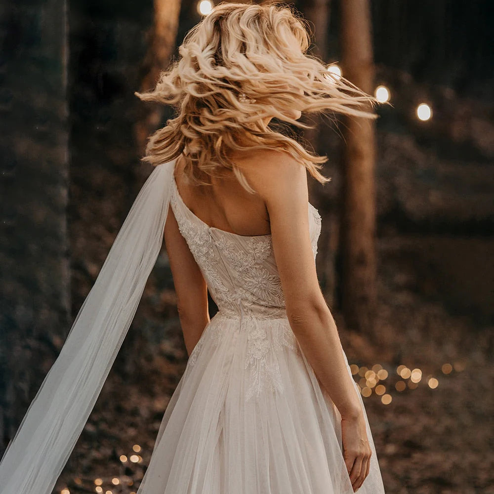 A Line One Shoulder Ruched Tulle Beach Boho Wedding Dress