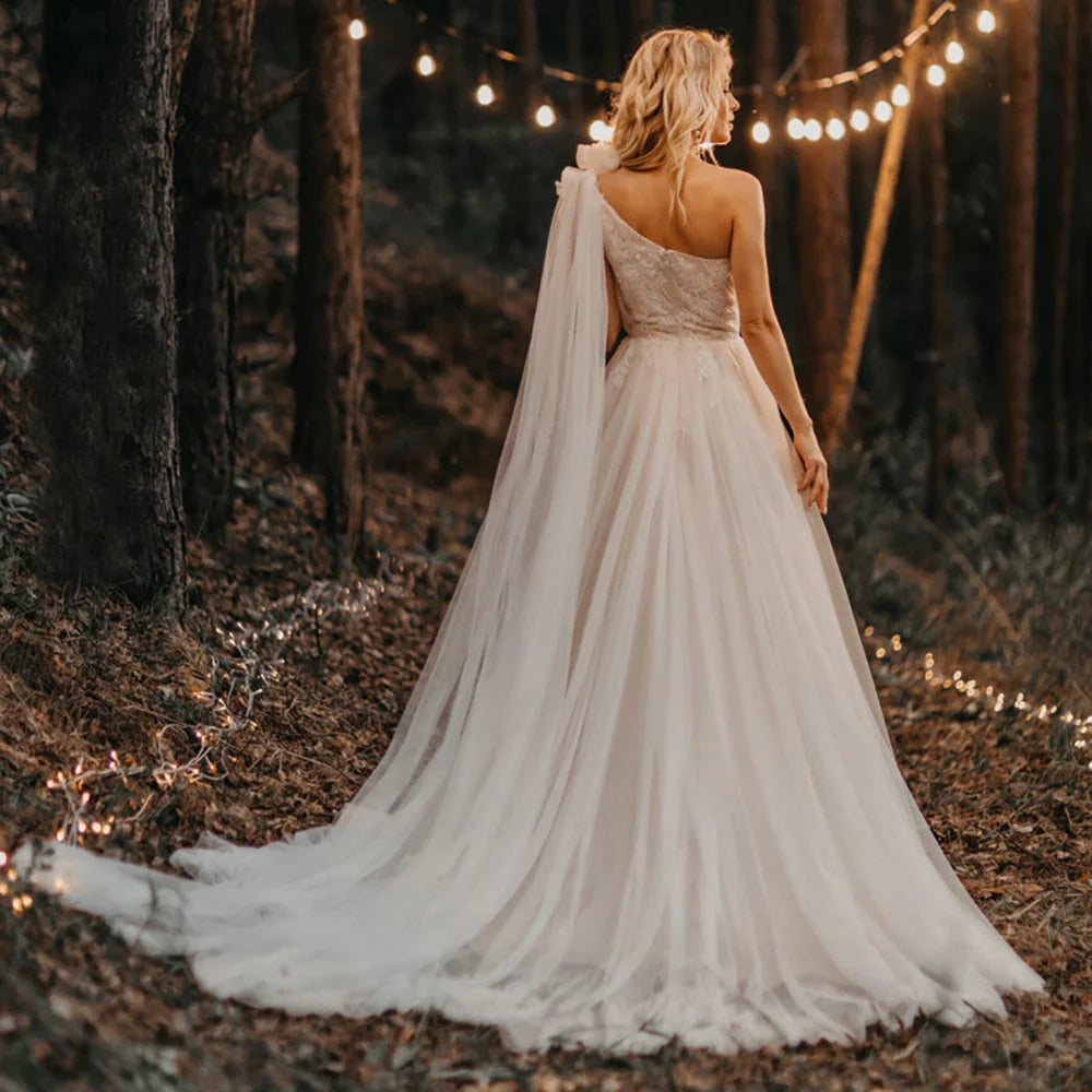 A Line One Shoulder Ruched Tulle Beach Boho Wedding Dress