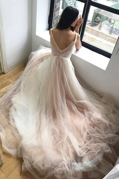 Dingji WeddingjiDress A Line Sleeveless V Neck Tulle Ruching Zipper Up Wedding Dresses