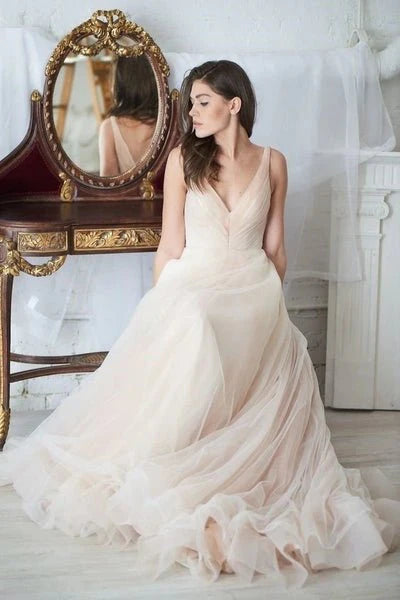 Dingji WeddingjiDress A Line Sleeveless V Neck Tulle Ruching Zipper Up Wedding Dresses