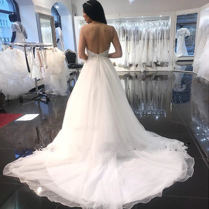 Dingji WeddingjiDress Elegant A Line Spaghetti Straps Backless V Neck Organza Wedding Dress with Beads