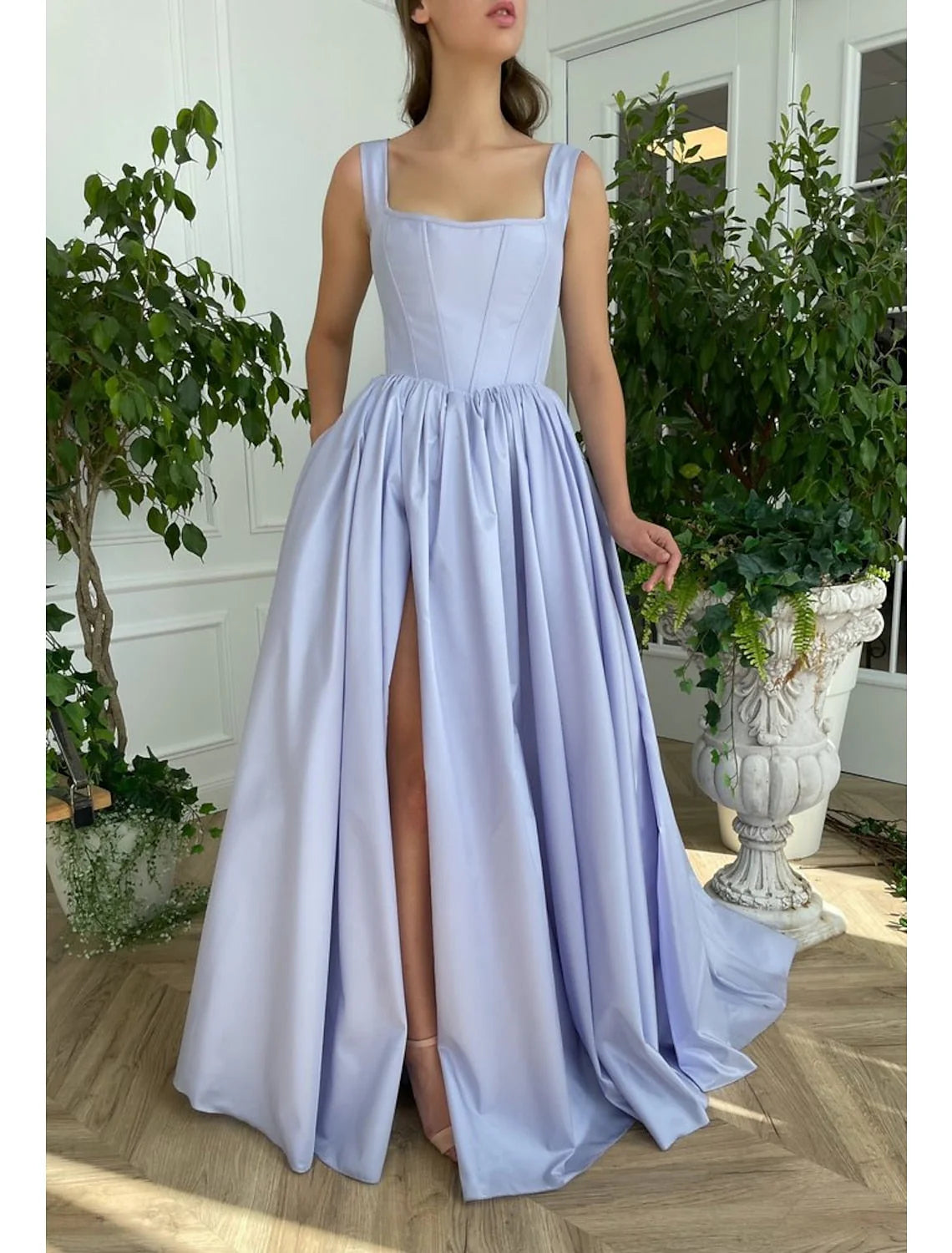 A Line Straps Prom Dresses Open Back Satin With Slit