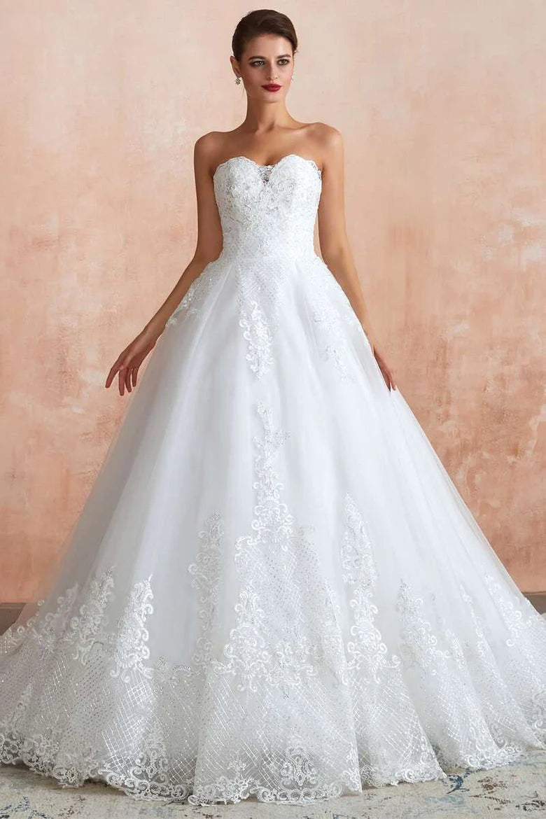 A Line Sweetheart Lace Wedding Dress Floor Length Strapless Beach Wedding Dresses