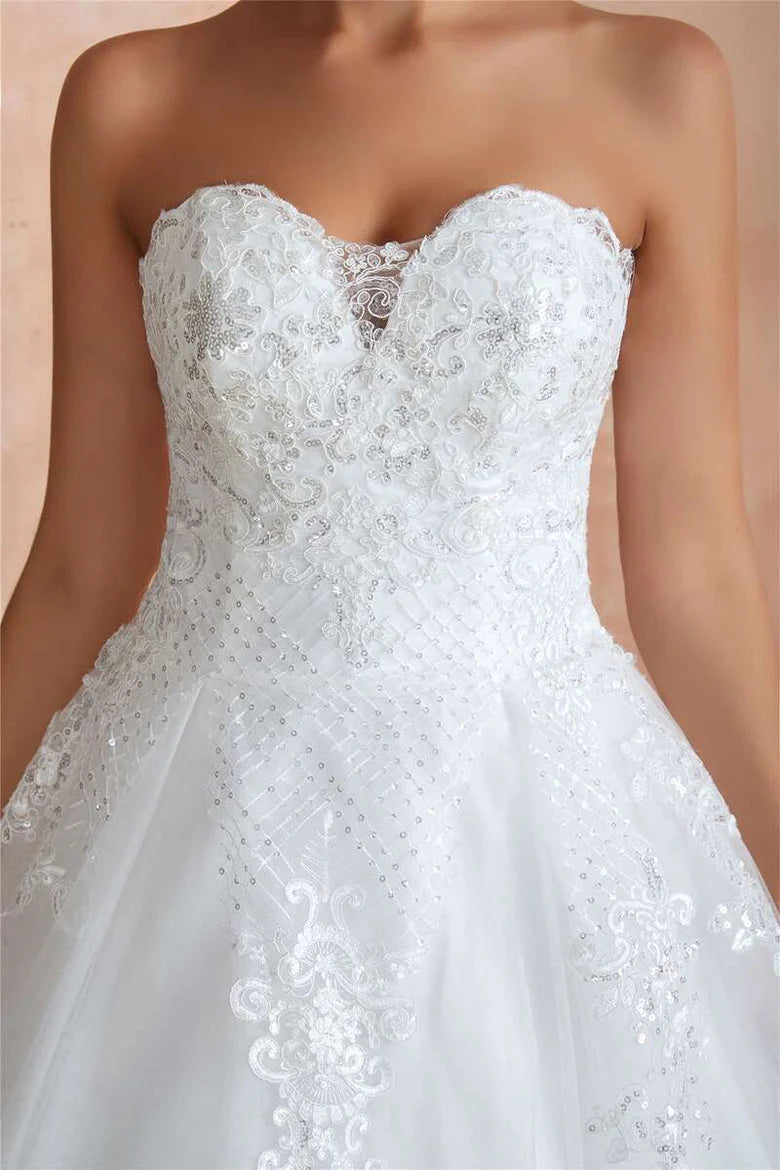 A Line Sweetheart Lace Wedding Dress Floor Length Strapless Beach Wedding Dresses