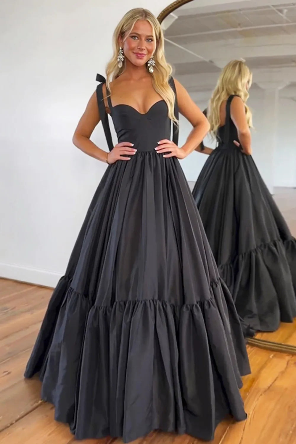 Black Princess A-Line Tie Straps Long Satin Prom Dress