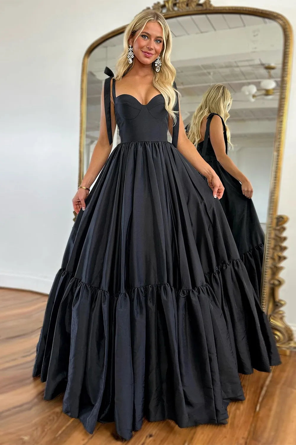 Black Princess A-Line Tie Straps Long Satin Prom Dress
