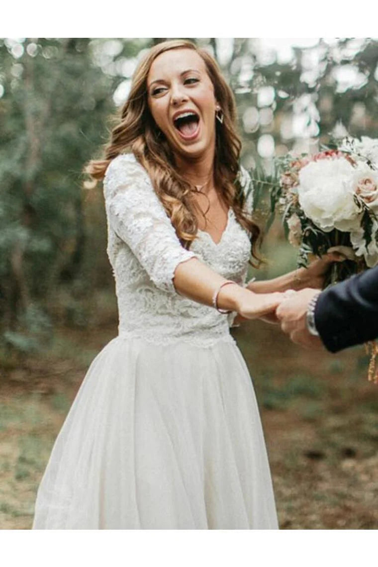 A-Line V-Neck Half Sleeves Backless Tulle Wedding Dresses