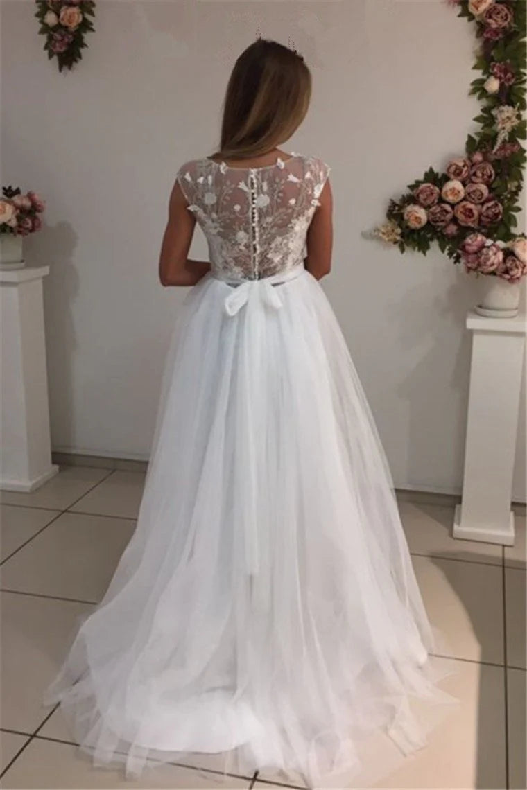 Dingji WeddingjiDress Scoop A Line Wedding Dresses Tulle With Applique Sweep Train