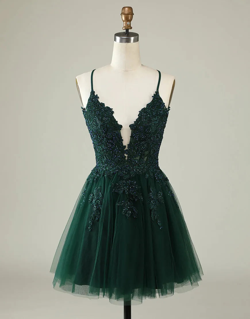 A-Line Spaghetti Straps Corset Back Dress With Appliques