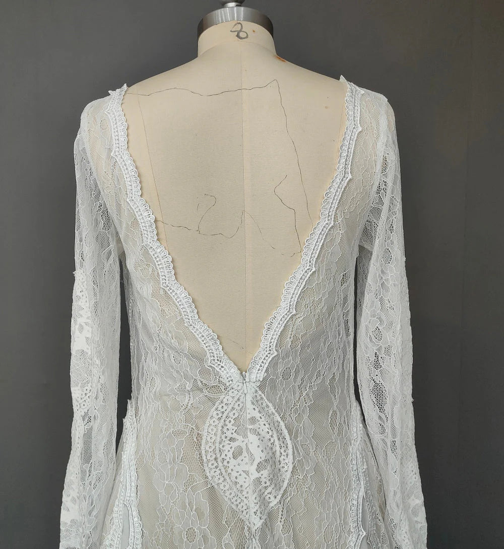 Dingji WeddingjiDress A line Ivory Long Sleeve High Neck Lace Wedding Dresses