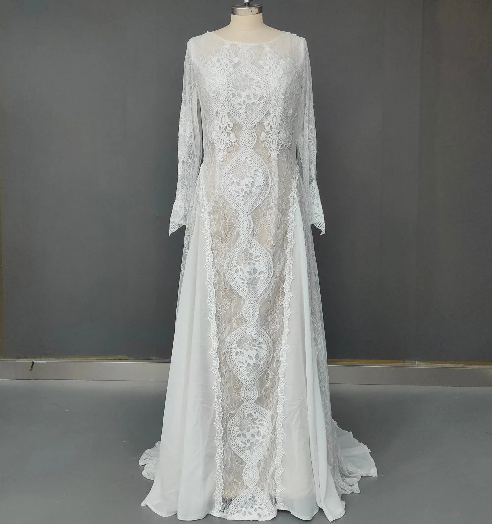 Dingji WeddingjiDress A line Ivory Long Sleeve High Neck Lace Wedding Dresses