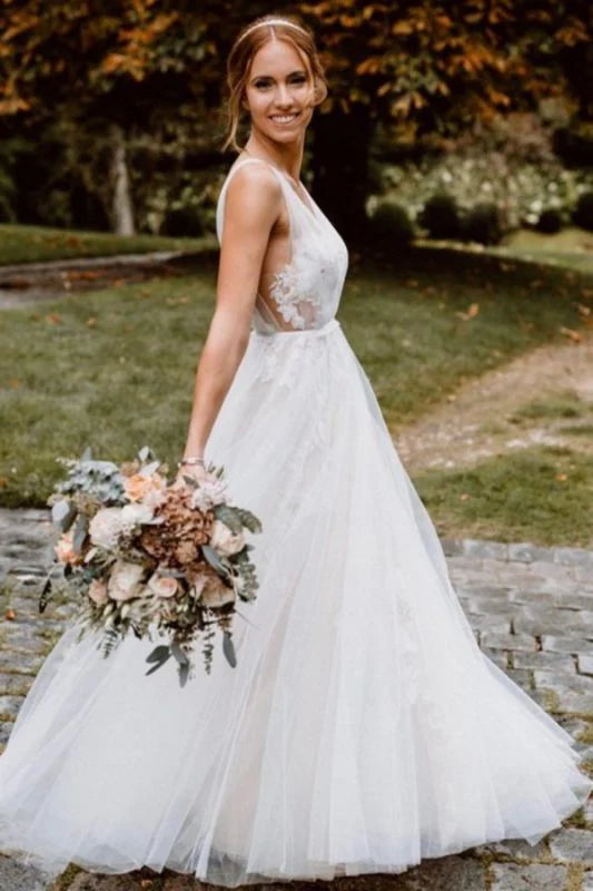 A line Lace Appliques V Neck Backless Tulle Wedding Dresses