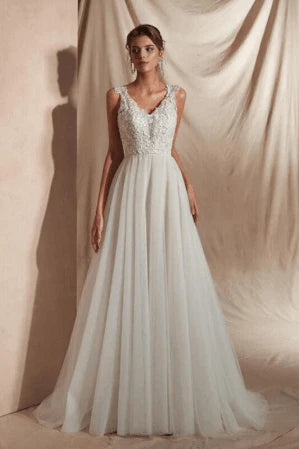 Awesome A-line V-neck Appliqued Wedding Dress with Buttons