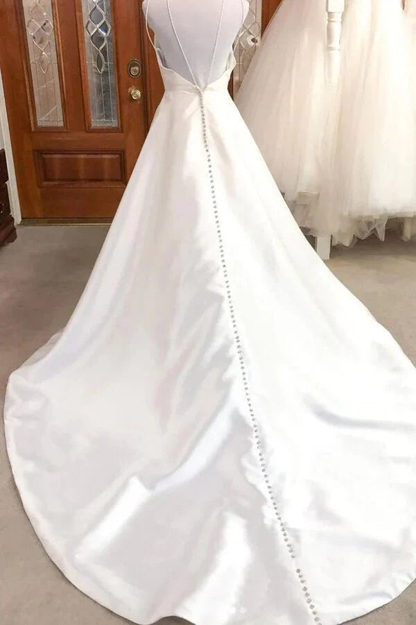 Ivory Satin A-line V-neck Spaghetti Straps Wedding Dresses Bridal Gown