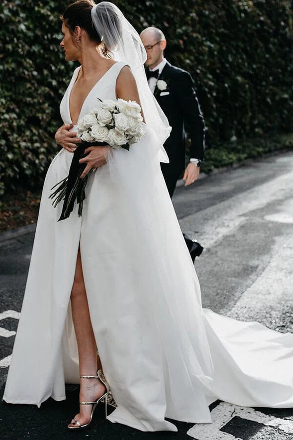 Simple Ivory Satin A-line V-Neck Wedding Dresses with Pockets