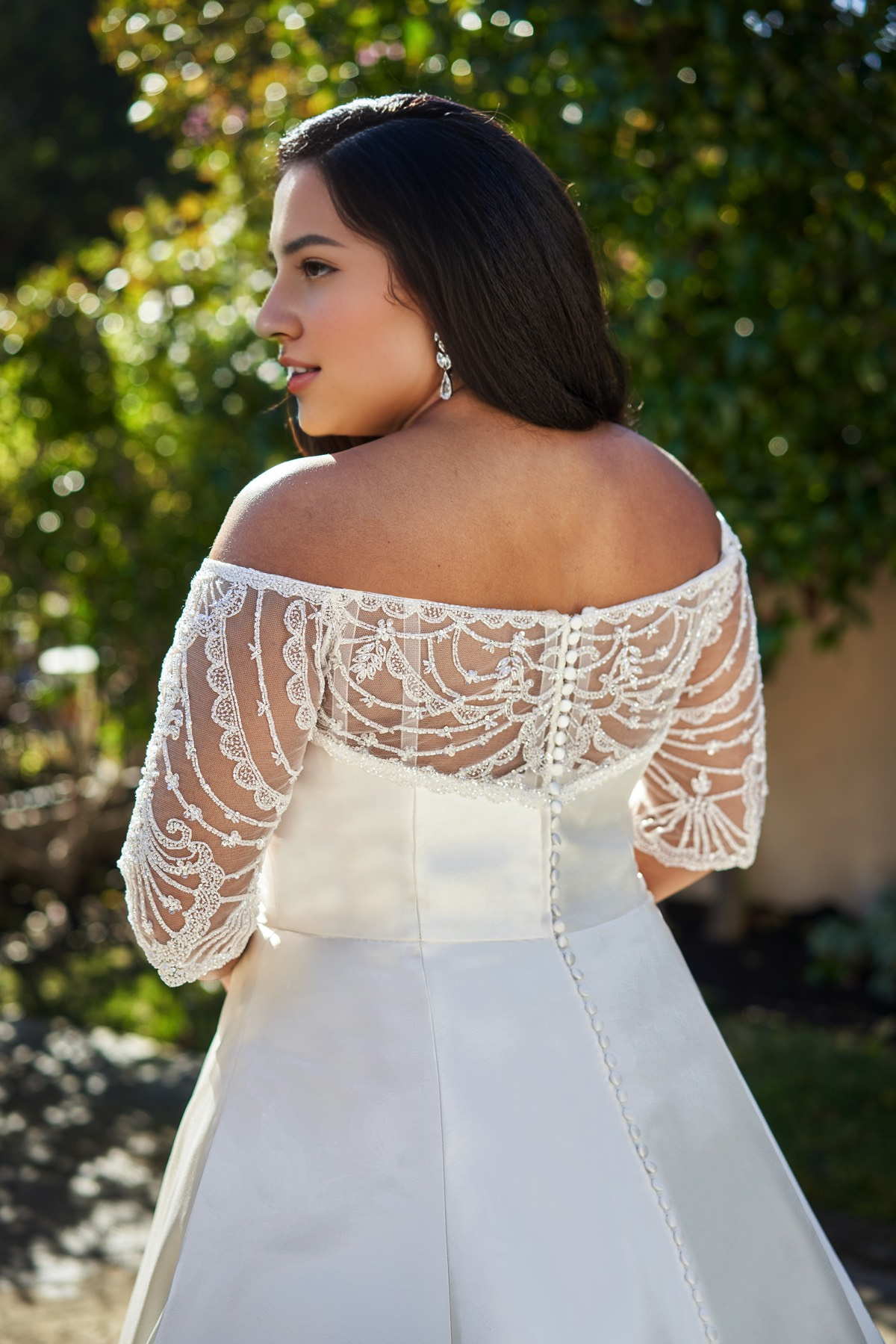 A-line off shoulder collar short sleeved backless and floor length wedding dress