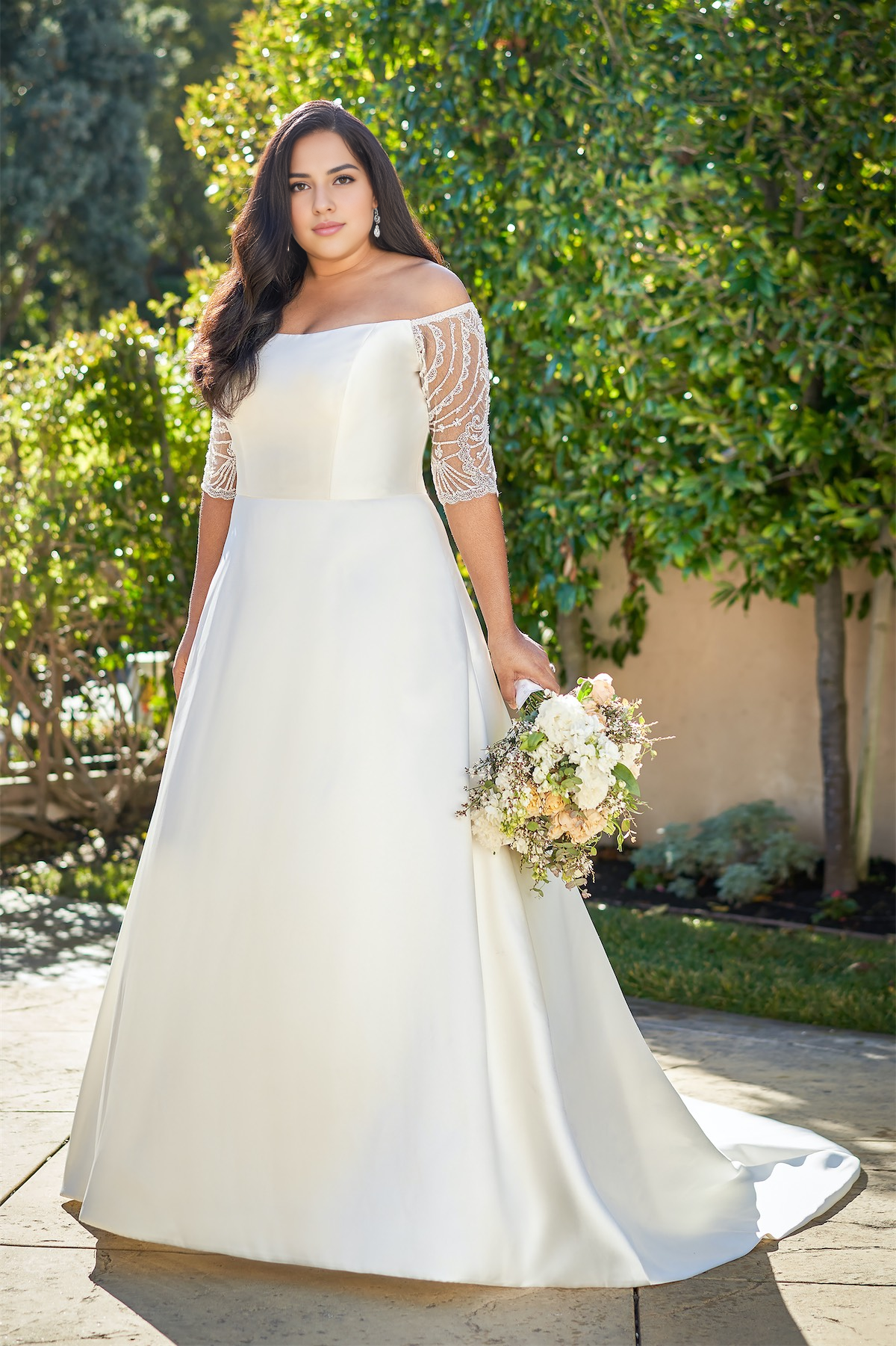 A-line off shoulder collar short sleeved backless and floor length wedding dress