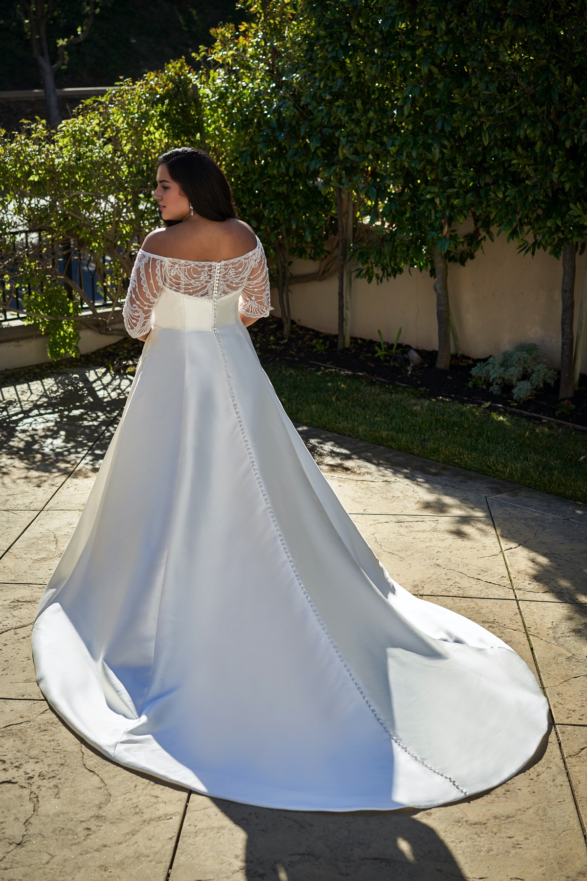A-line off shoulder collar short sleeved backless and floor length wedding dress