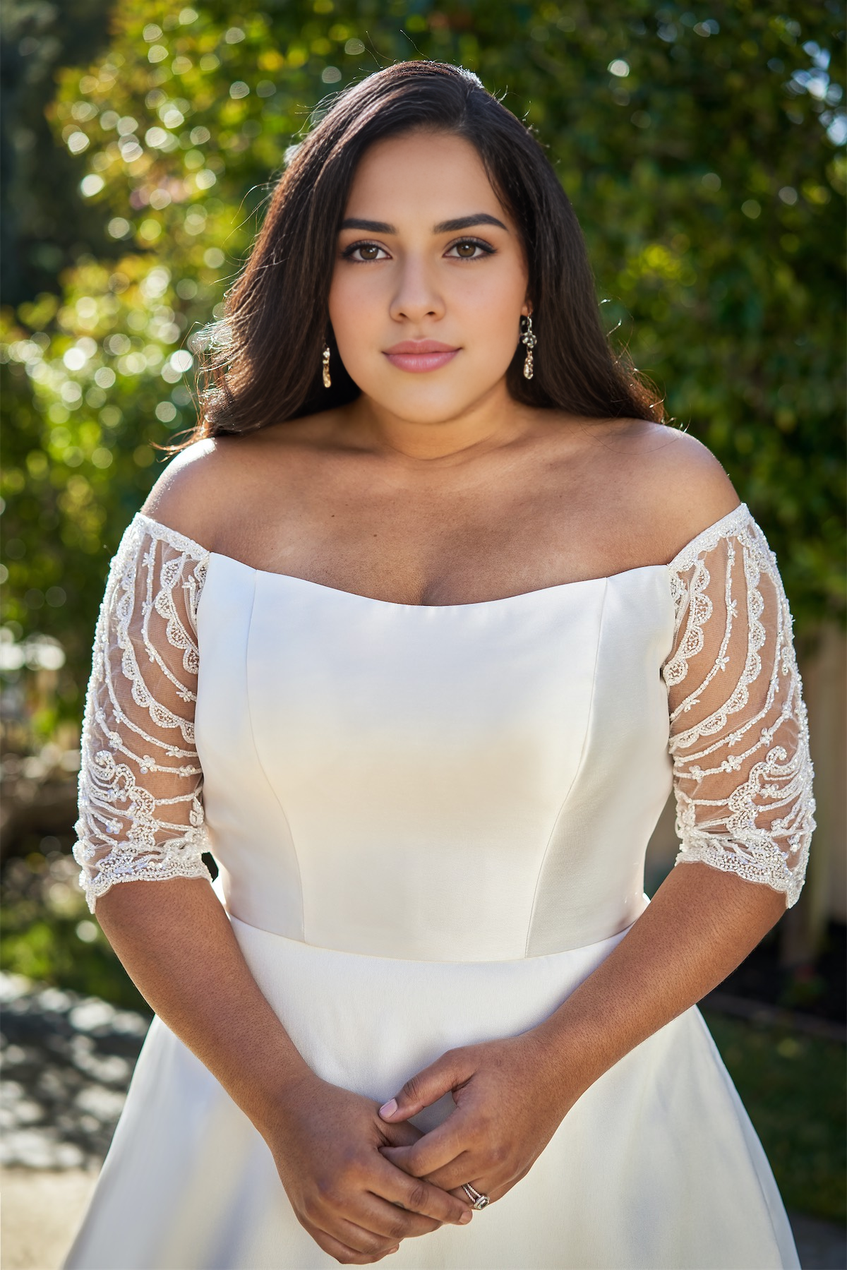 A-line off shoulder collar short sleeved backless and floor length wedding dress