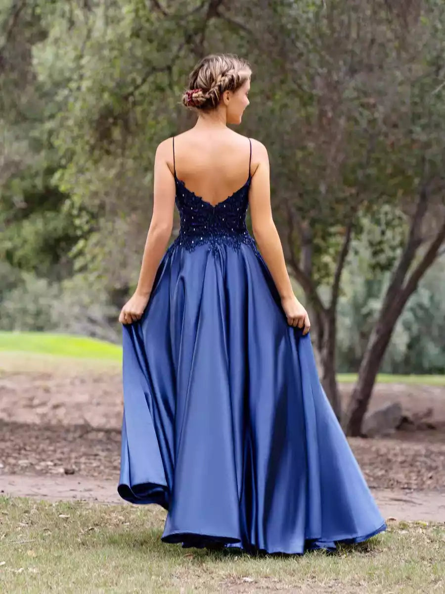 A-line satin and ground thin shoulder straps that showcase personality, V-neck sleeveless lace decals and beaded zippers on the back Prom Dresses