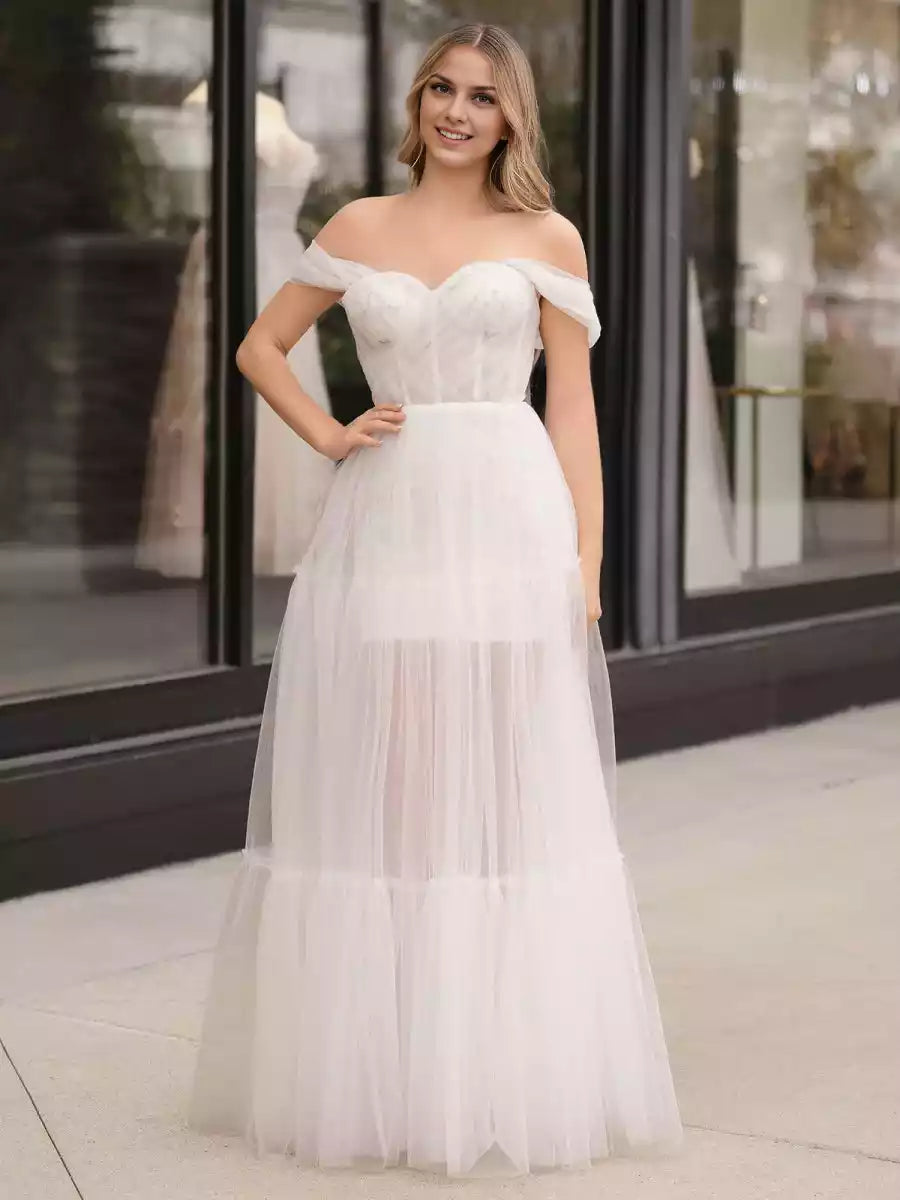 A-line sheer and heart-shaped neckline with off shoulder lace decals and sequins, pleats, ruffled edges, zipper back, Prom Dresses to showcase personality