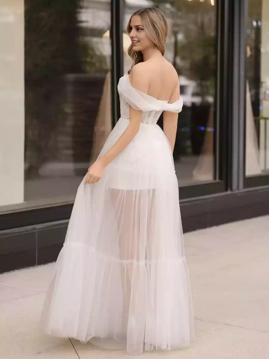 A-line sheer and heart-shaped neckline with off shoulder lace decals and sequins, pleats, ruffled edges, zipper back, Prom Dresses to showcase personality