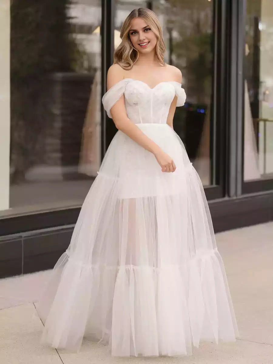 A-line sheer and heart-shaped neckline with off shoulder lace decals and sequins, pleats, ruffled edges, zipper back, Prom Dresses to showcase personality