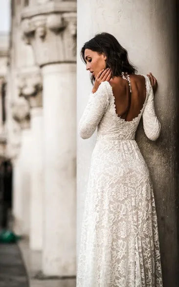 A-line silhouette with subtle train Long Sleeve Lace A-Line Wedding Dress with Plunge Back
