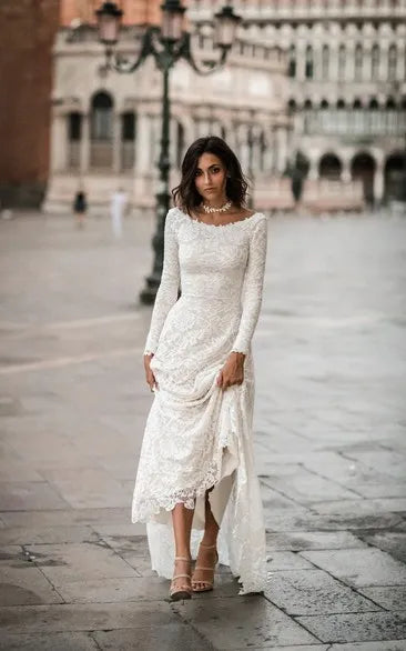 A-line silhouette with subtle train Long Sleeve Lace A-Line Wedding Dress with Plunge Back
