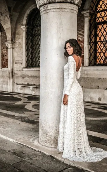 A-line silhouette with subtle train Long Sleeve Lace A-Line Wedding Dress with Plunge Back