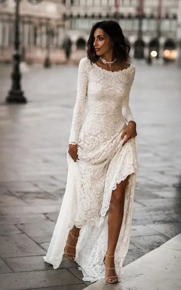 A-line silhouette with subtle train Long Sleeve Lace A-Line Wedding Dress with Plunge Back