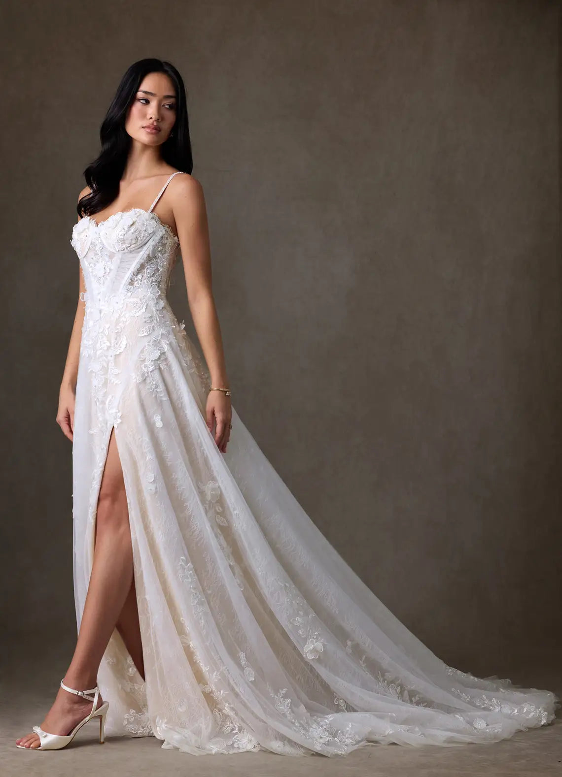 A-line skirt with high front slit Spaghetti Strap Lace A-Line Wedding Dress with Corset Bodice and Slit