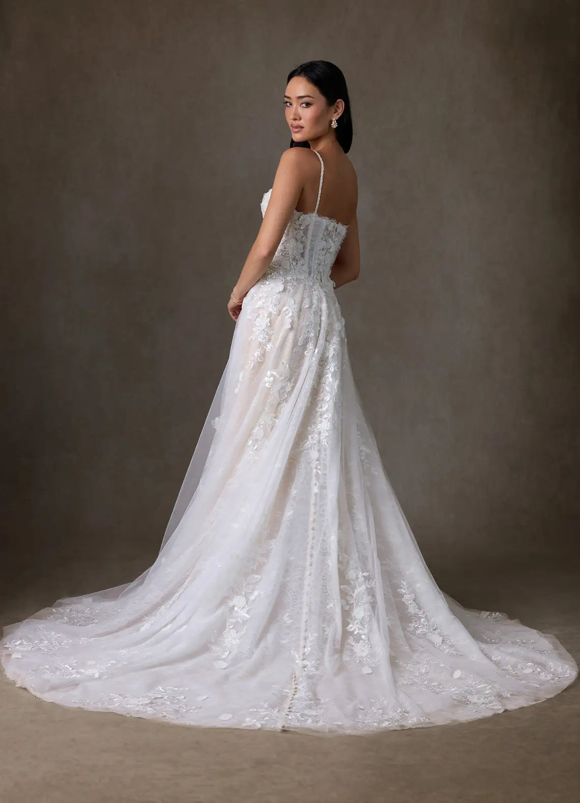 A-line skirt with high front slit Spaghetti Strap Lace A-Line Wedding Dress with Corset Bodice and Slit
